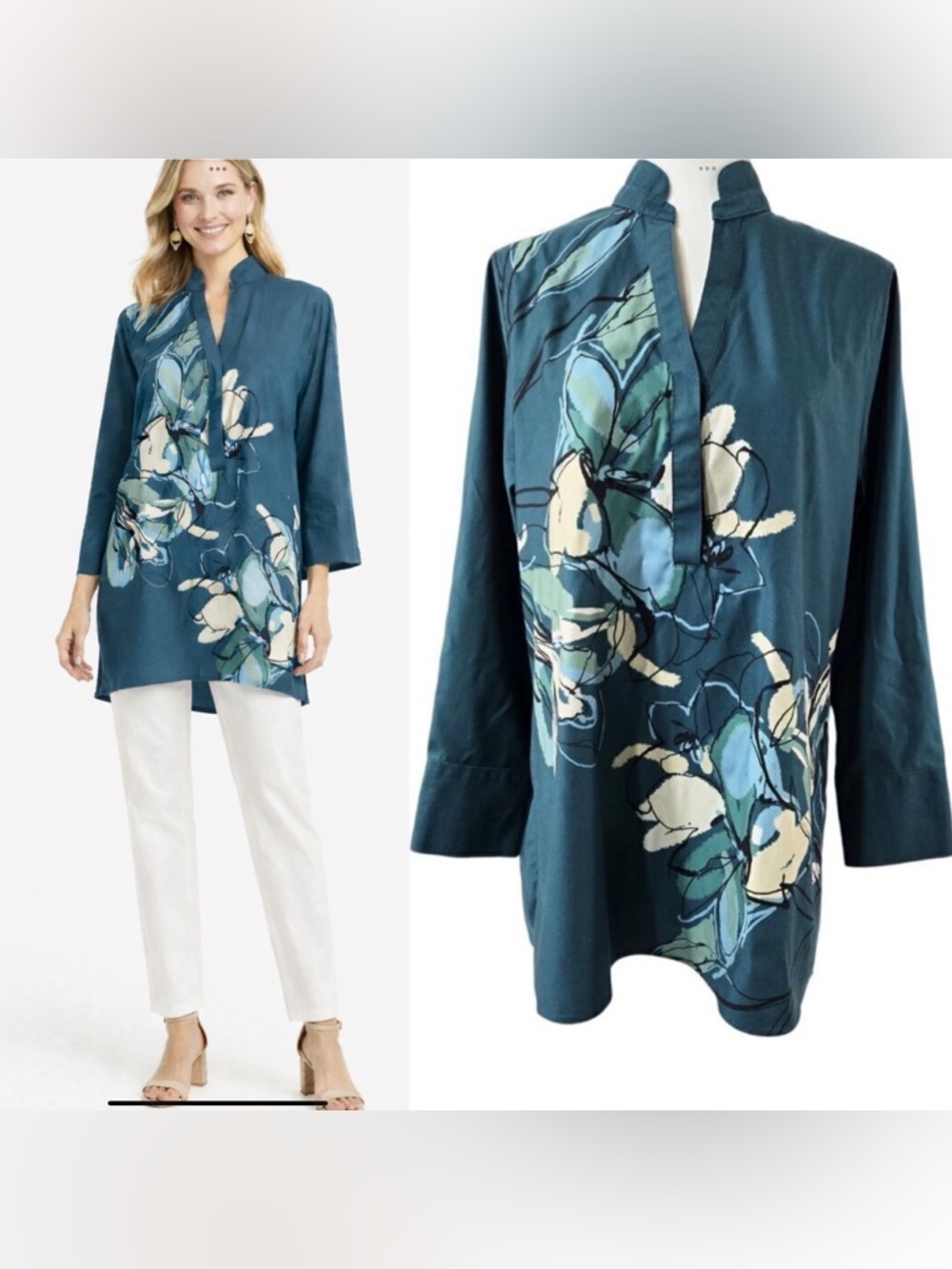 Chico's Women's Stretch Blouse No Iron Urban Wildflower Tunic Top Size 1.5/ M-10